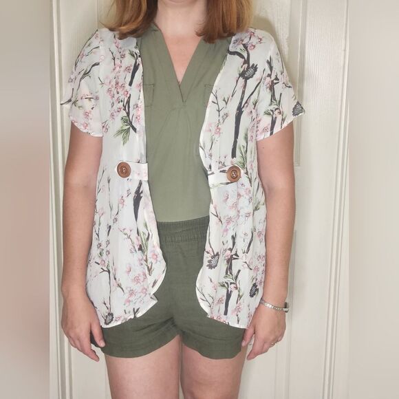 Dressfo 12 White Floral Print Shortsleeves Women's Opened Cardigan - Picture 3 of 13